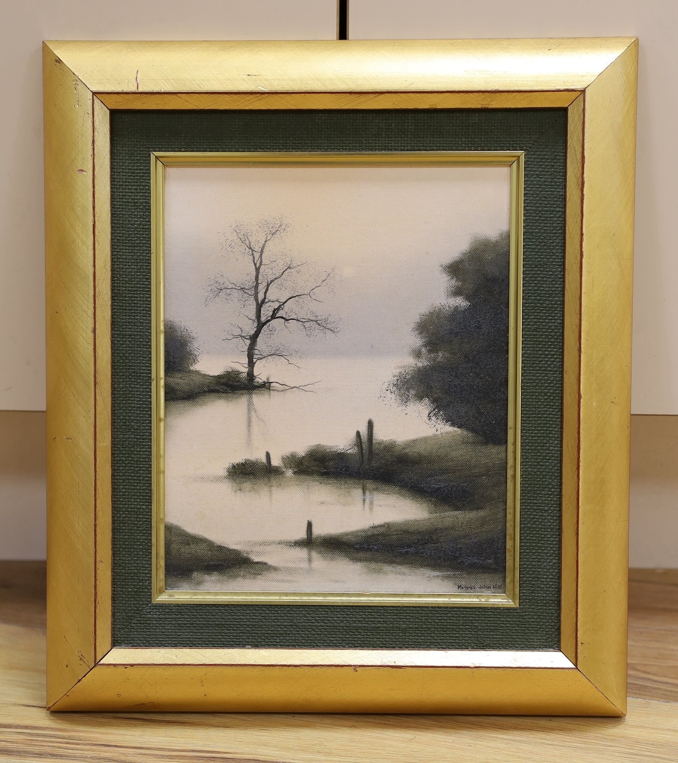 Michael John Hill, oil on canvas board, River landscape, signed, 24 x 19cm